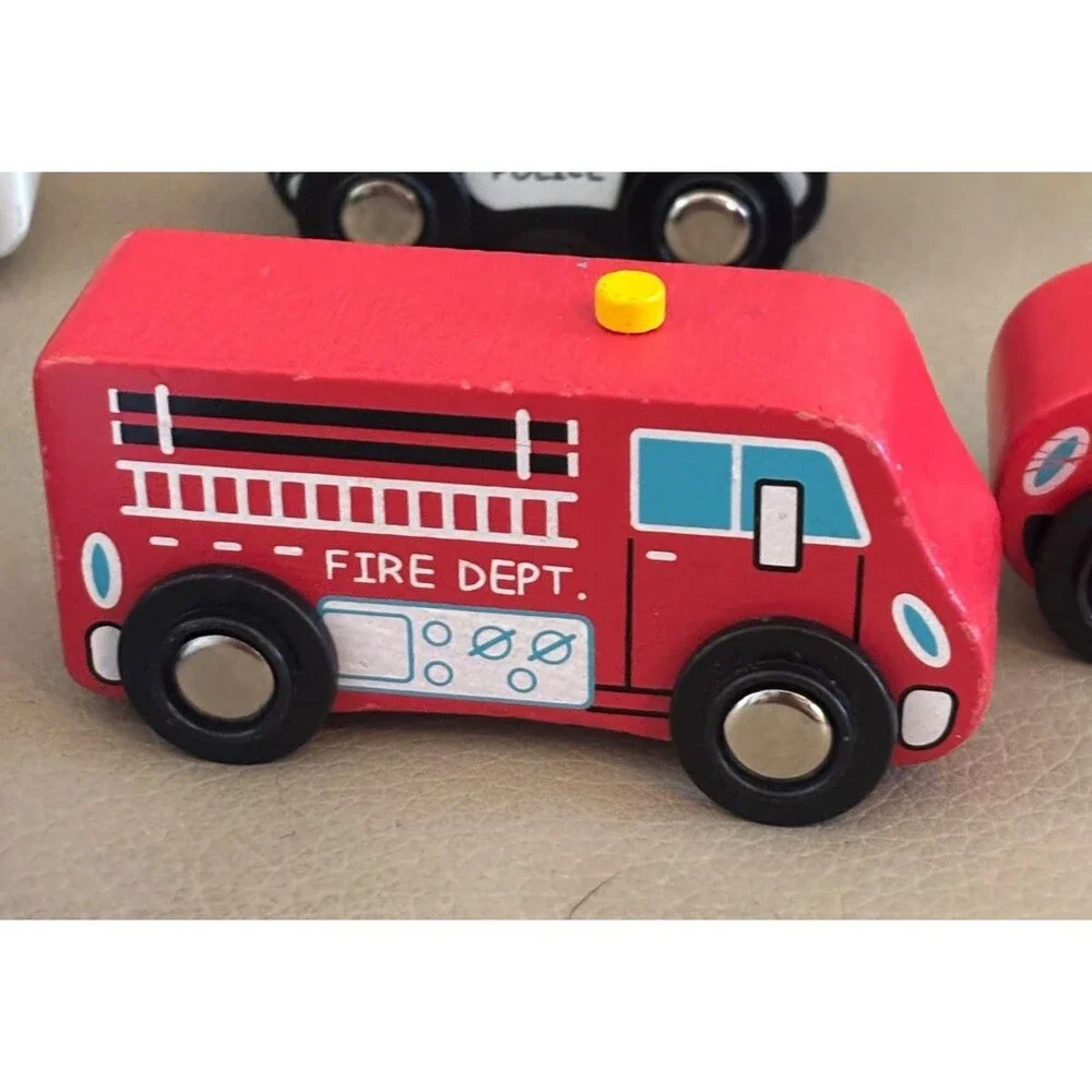 Lakeshore Collectables Wooden Toy Lot of 8 Cars Trucks School Police Fire Mail